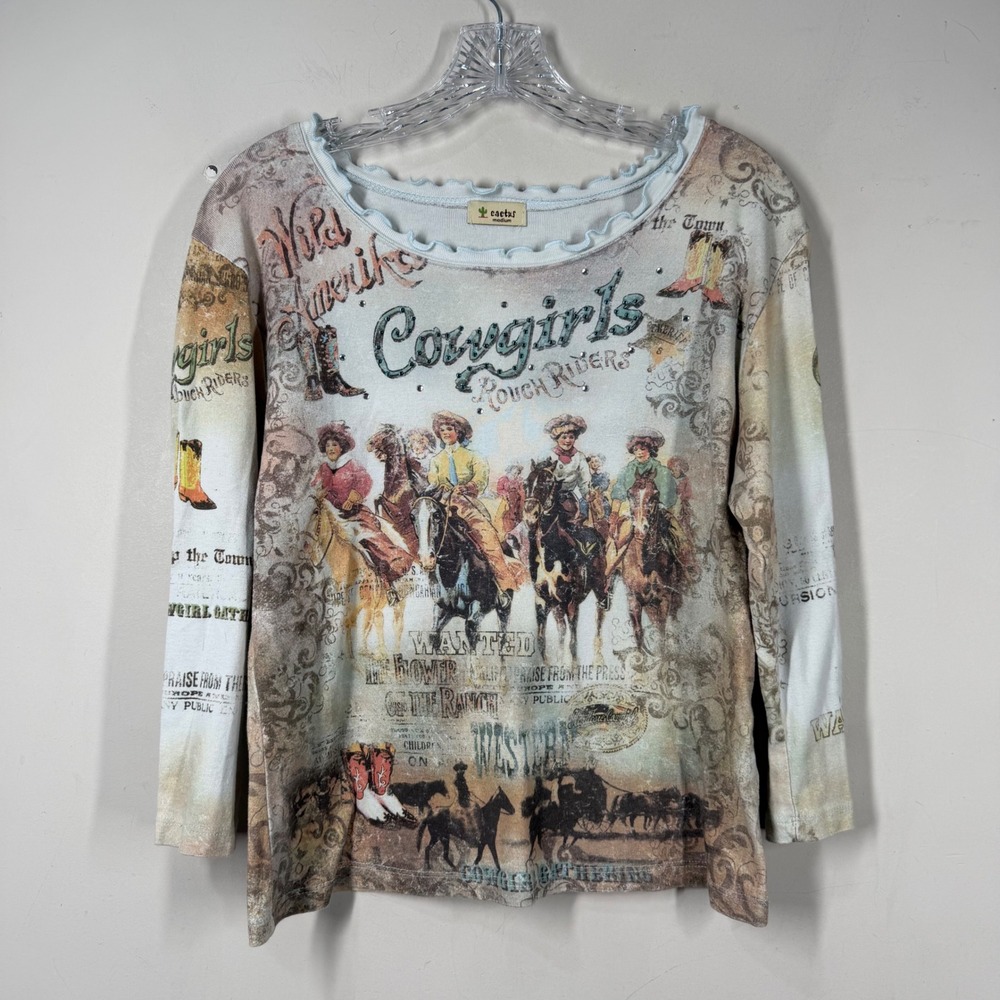 Cactus Cowgirls Rough Riders Western Graphic Top Rhinestone Lettuce Trim Sz M